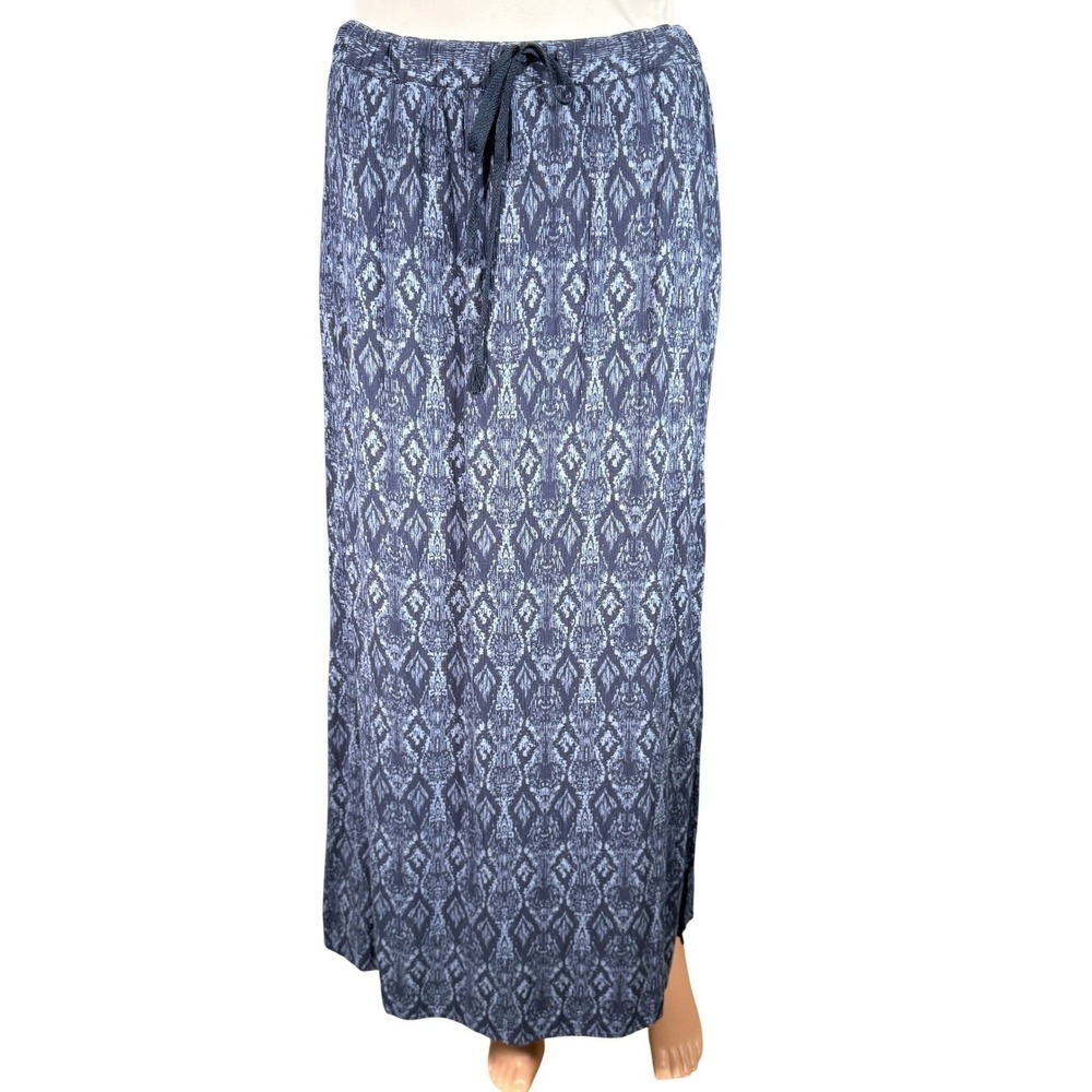 Eddie Bauer Blue Ikat Print Rayon Maxi Skirt Womens Large Elastic Waist Pockets